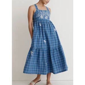 Madewell Embroidered Cicely Tiered Midi Dress Plaid Size 12